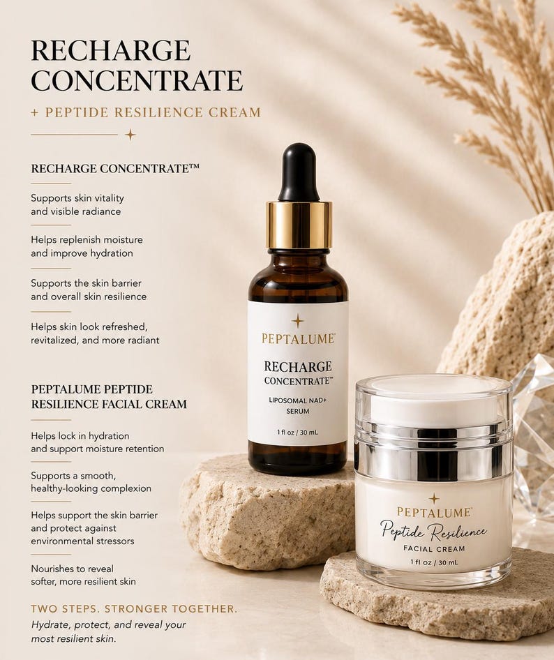 Puede incluir: Un frasco cuentagotas de vidrio marr&oacute;n etiquetado Peptalume Recharge Concentrate Liposomal NAD+ Serum 1 fl oz / 30 mL y un tarro blanco etiquetado Peptalume Peptide Resilience Facial Cream 1 fl oz / 30 mL, ambos con texto sobre beneficios cut&aacute;neos.