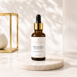 Puede incluir: Un frasco cuentagotas de vidrio &aacute;mbar con cuello dorado y tapa negra. La etiqueta blanca presenta el texto dorado PEPTALUME, RECHARGE CONCENTRATE, Liposomal NAD+ Serum y 1 fl oz / 30 ml. El frasco se apoya sobre una base circular de piedra.
