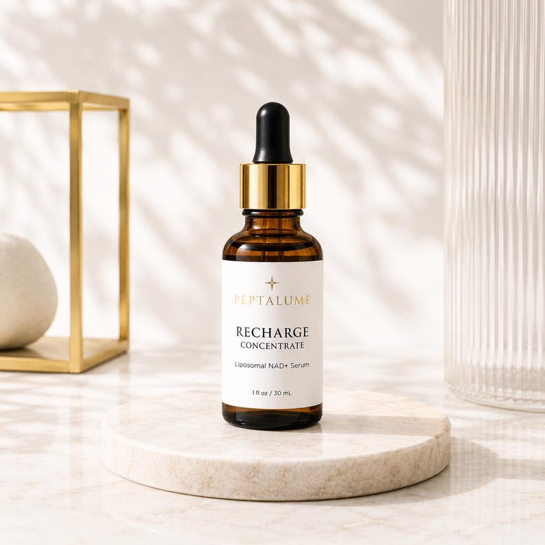 Puede incluir: Un frasco cuentagotas de vidrio &aacute;mbar con cuello dorado y tapa negra. La etiqueta blanca presenta el texto dorado PEPTALUME, RECHARGE CONCENTRATE, Liposomal NAD+ Serum y 1 fl oz / 30 ml. El frasco se apoya sobre una base circular de piedra.