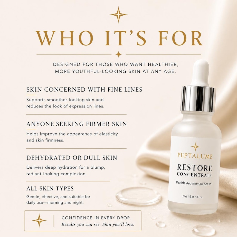 Puede incluir: Un frasco cuentagotas de vidrio esmerilado de suero Peptalume Restore Concentrate Peptide Architectural, 30 ml, junto a una gota de l&iacute;quido transparente. El texto dice: WHO IT'S FOR, SKIN CONCERNED WITH FINE LINES, ANYONE SEEKING FIRMER SKIN, DEHYDRATED OR DULL SKIN.