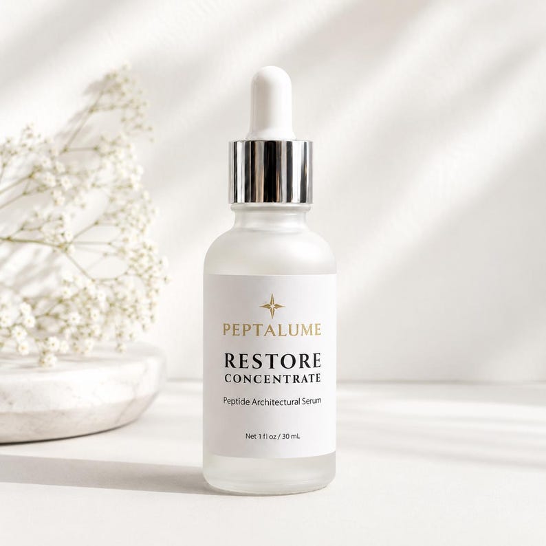 Puede incluir: Un frasco cuentagotas de vidrio esmerilado de suero Peptalume Restore Concentrate Peptide Architectural. La etiqueta blanca presenta una estrella dorada y texto en negro, indicando un volumen de 30 ml. El frasco tiene un cuello plateado y tapa blanca.