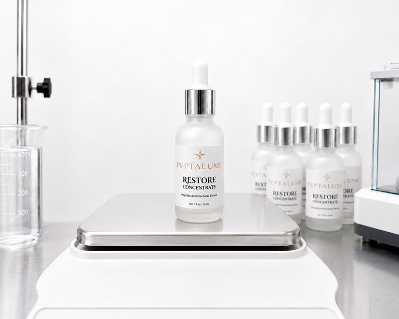 Puede incluir: Un frasco cuentagotas de vidrio esmerilado con la etiqueta Peptalume Restore Concentrate Peptide Architectural Serum y un volumen neto de 30 ml. El frasco se asienta sobre una b&aacute;scula cuadrada de acero inoxidable, rodeado de frascos id&eacute;nticos.