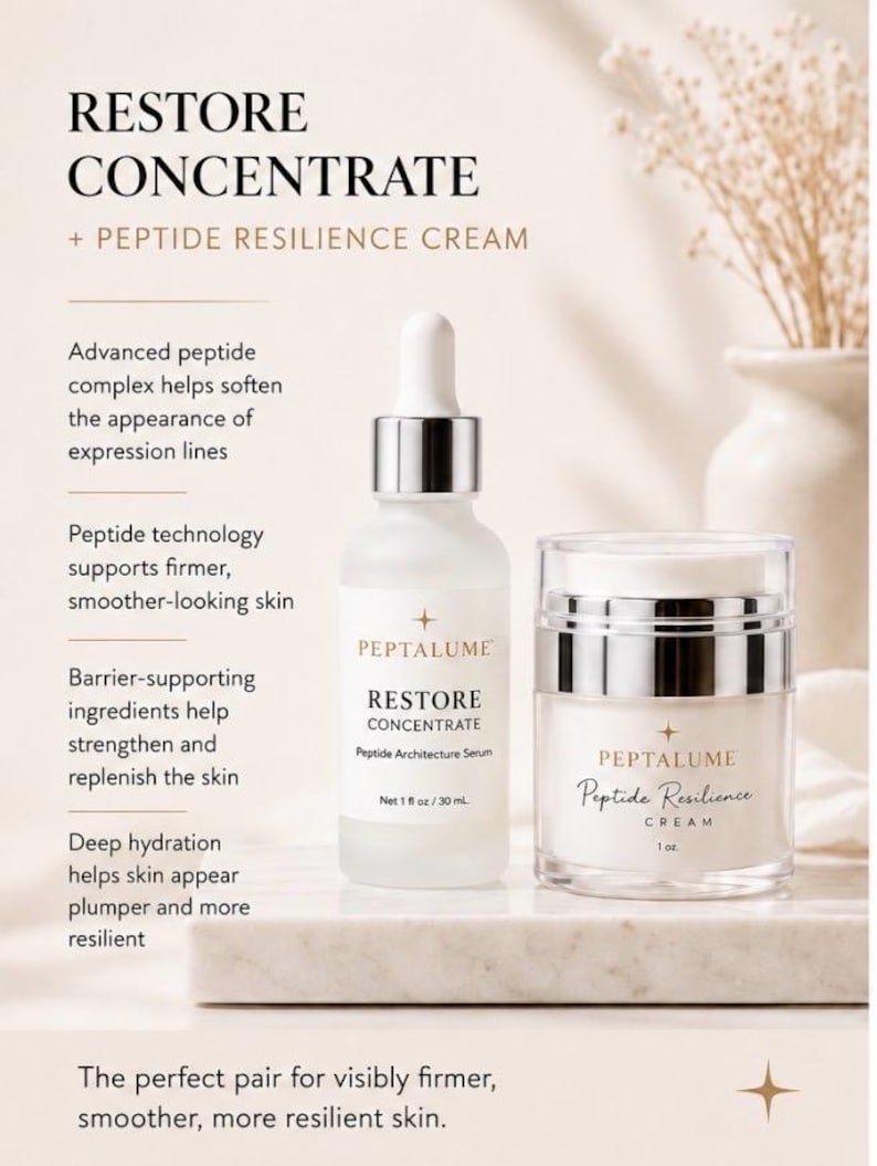 Puede incluir: Un frasco de suero Peptalume Restore Concentrate con gotero y un tarro de crema Peptalume Peptide Resilience. El frasco de suero es de 30 ml y el tarro de crema es de 1 oz. El texto en el empaque describe los beneficios del complejo pept&iacute;dico.