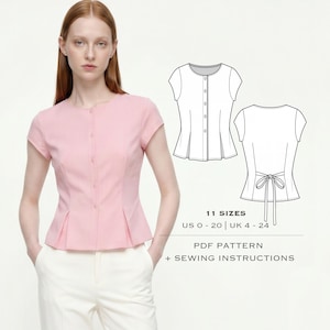 May include: A light pink, short-sleeved blouse with a button-up front and a peplum waist. The image also shows a line drawing of the blouse, with the text "11 Sizes" and "PDF Pattern + Sewing Instructions".