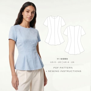 Peplum Top Sewing Pattern: Sewing instruction, sizes US 0-20 / UK 4-24