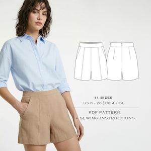 Könnte beinhalten: Eine Frau trägt ein hellblaues Hemd und beige Shorts. Das Bild enthält eine Strichzeichnung von Shorts und den Text "11 Größen, US 0-20 | UK 4-24, PDF-Muster + Nähanleitung."