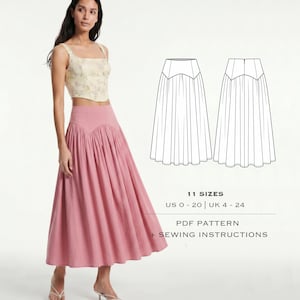 May include: A woman in a light yellow floral top and a dusty rose midi skirt. The skirt features a high waist and pleated design. The image also includes a line drawing of the skirt and text that reads "11 Sizes, US 0-20 | UK 4-24, PDF Pattern + Sewing Instructions."