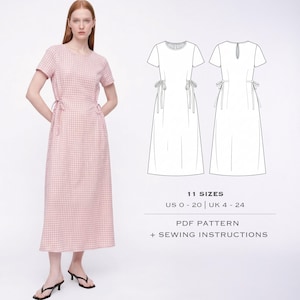 Könnte beinhalten: Ein rosa-weiß kariertes Midikleid mit kurzen Ärmeln und seitlichen Bindebändern. Das Kleid wird von einer Person getragen. Neben dem Model ist eine technische Zeichnung des Kleides zu sehen. Der Text auf dem Bild lautet "11 Größen, US 0-20 | UK 4-24, PDF-Muster + Nähanleitung."