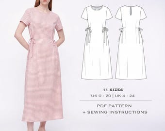 Waist-tie midi dress pattern: Sewing instruction, sizes US 0-20 / UK 4-24