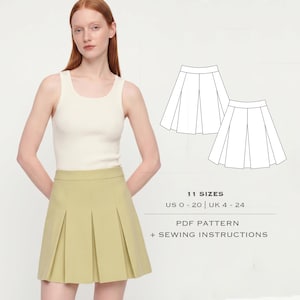 Peut inclure: Une jupe plissée vert clair avec une taille haute, portée avec un débardeur blanc côtelé. L'image comprend un dessin technique de la jupe, le texte 11 SIZES US 0 - 20 | UK 4 - 24, et le texte PDF PATTERN + SEWING INSTRUCTIONS.
