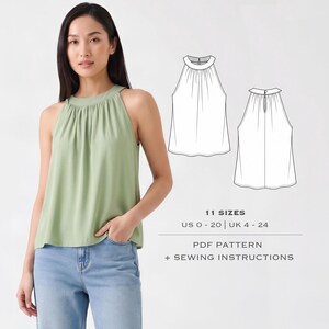 Op de afbeelding: Een saliegroene mouwloze haltertop met een geplooide halslijn en een losse pasvorm. De afbeelding bevat een technische lijntekening van de voor- en achterkant van het kledingstuk, met de tekst 11 SIZES US 0 - 20 | UK 4 - 24 PDF PATTERN + SEWING INSTRUCTIONS.