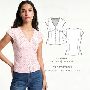Op de afbeelding: Een lichtroze top met korte mouwen, een V-hals en kleine zwarte stippen. De top heeft een knoopsluiting aan de voorkant en een geschulpte rand. De afbeelding bevat ook een lijntekening van de top en de tekst "11 MATEN US 0-20 | UK 4-24 PDF PATTERN + SEWING INSTRUCTIONS."