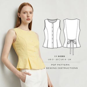 May include: A sleeveless, pale yellow top with a button-up front and a peplum detail. The image also shows a line drawing of the top's front and back, along with text indicating sizes US 0-20 and UK 4-24, and the words "PDF Pattern + Sewing Instructions."