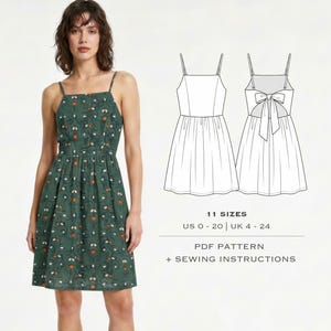 以下が含まれることがあります： グリーンの花柄ドレスを着た女性。ドレスのパターンの線画も表示され、「11サイズ」、「US 0-20 | UK 4-24」、「PDFパターン+縫製指示」というテキストが表示されています。