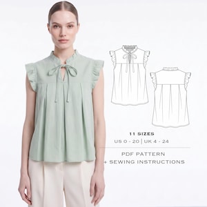 Pode incluir: Uma blusa sem mangas verde-sálvia com gola de babados, fecho frontal com laço e pregas verticais. A imagem inclui um desenho técnico da frente e das costas da blusa, com o texto 11 SIZES US 0 - 20 | UK 4 - 24 PDF PATTERN + SEWING INSTRUCTIONS.
