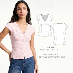 Puede incluir: Una blusa rosa claro de manga corta con pequeños puntos oscuros, escote en V y cierre de botones frontal. Al lado, un dibujo técnico muestra las vistas frontal y trasera de la prenda, etiquetado 11 SIZES, PDF PATTERN + SEWING INSTRUCTIONS.