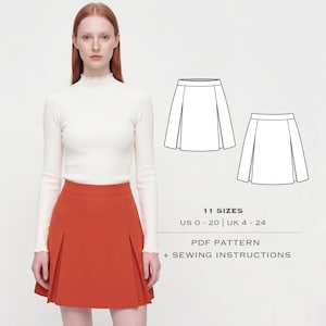Puede incluir: Un patrón de costura para una falda corta de color óxido con dos pliegues delanteros. La imagen incluye una blusa blanca de manga larga con cuello alto, un dibujo lineal en blanco y negro de la falda y el texto 11 SIZES US 0-20 | UK 4-24 PDF PATTERN + SEWING INSTRUCTIONS.