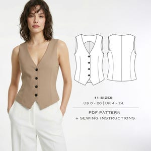 May include: A tan vest with a V-neck and black buttons. The vest is paired with white pants. A line drawing of the vest is shown next to the vest. Text on the image reads "11 sizes, US 0-20 | UK 4-24, PDF pattern + sewing instructions."
