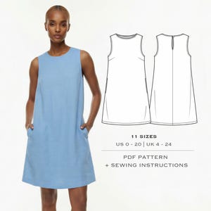 Pode incluir: Um vestido sem mangas, azul claro, com decote redondo e bolsos. O vestido chega ao joelho e é usado por uma pessoa. Ao lado da pessoa está um desenho linear do vestido, com o texto "11 tamanhos", "US 0-20 | UK 4-24", "PDF Pattern + Sewing Instructions".