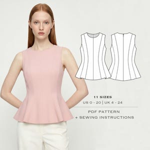 Op de afbeelding: Een mouwloze, lichtroze top met een peplum zoom. De top heeft verticale naden en een ronde halslijn. Rechts is een diagram van de top te zien. Tekst op de afbeelding luidt "11 maten, US 0-20 | UK 4-24, PDF Pattern + Sewing Instructions."