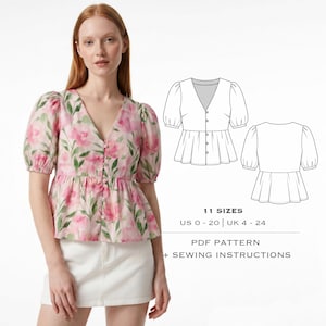 Könnte beinhalten: Eine Bluse mit Blumenmuster, V-Ausschnitt, Knopfleiste und Puffärmeln, kombiniert mit einem weißen Rock. Enthält eine technische Strichzeichnung des Kleidungsstücks, den Text 11 GRÖSSEN US 0-20 | UK 4-24 sowie PDF-SCHNITTMUSTER + NÄHANLEITUNG.