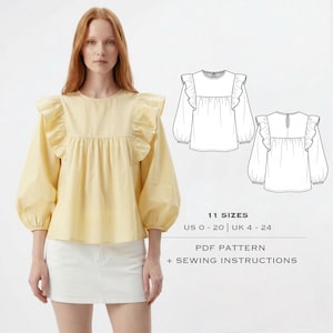 Puede incluir: Una blusa de manga larga color amarillo pálido con hombros con volantes y cuello redondo. Al lado, un dibujo lineal en blanco y negro muestra las vistas frontal y posterior de la blusa. El texto dice: 11 SIZES US 0 - 20 | UK 4 - 24 PDF PATTERN + SEWING INSTRUCTIONS.