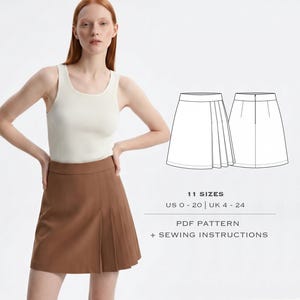 May include: A brown pleated mini skirt with a high waistband. Next to the skirt is a technical line drawing showing the front and back views of the skirt. Text reads: 11 SIZES, US 0 - 20 | UK 4 - 24, PDF PATTERN + SEWING INSTRUCTIONS.