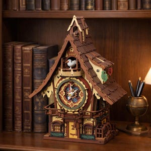 Könnte beinhalten: Eine Holzkuckucksuhr mit einem detaillierten, mehrschichtigen Design. Die Uhr hat ein braunes Dach, einen gelb-braunen Körper und ein dekoratives Zifferblatt. Ein kleiner weißer Vogel ist im Fenster der Uhr zu sehen. Die Uhr steht auf einem Holzregal.