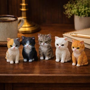 May include: Five small cat figurines in various colors, including orange, white, gray, and black, sit on a wooden surface. Each cat is in a seated position with a detailed facial expression. The figurines are a decorative item.
