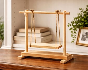 Mini columpio de madera decorativo, adorno de escritorio hecho a mano, decoración de estante, acento rústico para el hogar,