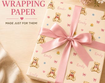 Personligt omslagspapper Lyxig tjock babyshowerpresent Anpassat namn Akvarell nallebjörn Rosa flicka barnrum firande nyfött spädbarn