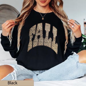 Leopard Print Varsity "FALL" Long Sleeve Shirt, Animal Autumn Crewneck Sweater