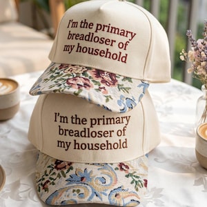 Broderad Primary Breadloser-hatt med blommig gobeläng, rolig sarkastisk keps, fräck statement-keps, sommarhatt-estetik