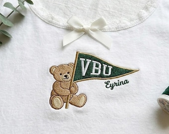 Embroidered Custom College Teddy Bear Lace Tank Top, Personalized University Top, Game Day Lace Trim Top, School Spirit Tank