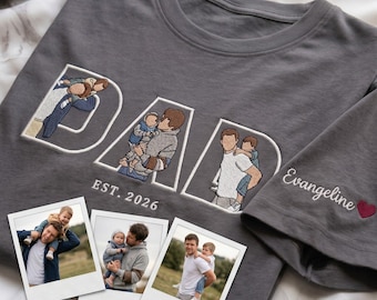 Camiseta personalizada para papá con foto en letras interiores, regalo personalizado para el Día del Padre, camiseta con retrato sin rostro bordado, camiseta con el año de fundación de papá.
