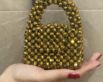 Handmade crystal beaded mini bag, gold color Womens Purse crystal Purse For Women - Handmade bag For Women Gift