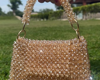 Golden Crystal beaded purse, handmade luxury evening bag, elegant bridal & party clutch