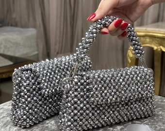 silver Crystal beaded purse, handmade luxury evening bag, elegant bridal & party clutch