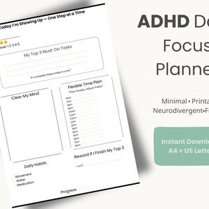 Puede incluir: Un planificador diario de enfoque para el TDAH blanco con un diseño minimalista. El planificador incluye secciones para tareas diarias, seguimiento del estado de ánimo y un plan de tiempo flexible. El texto en el planificador incluye "Today I'm Showing Up - One Step at a Time."