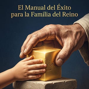 Op de afbeelding: Afbeelding van een boekomslag met de titel "DESTINO y CARÁCTER" in gouden letters. De ondertitel luidt "El Manual del Éxito para la Familia del Reino." Een gouden kubus met een kroonontwerp wordt vastgehouden door twee handen, een volwassene en een kind, op een stenen pilaar.