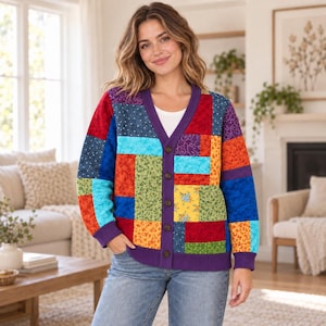 Dolly Coat of Many Colors Cardigan, Color Block Patchwork Sweater, Dolly Parton Country Music Fan Present, Färgglad Western Style Present till henne