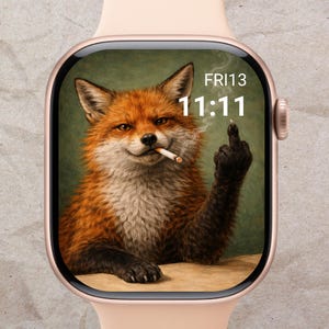 May include: A smartwatch with a custom face featuring a smug fox with a cigarette, giving the middle finger. The watch face displays "FRI13" and "11:11" in white text against a green background. The watch has a rose gold case and a light pink band.
