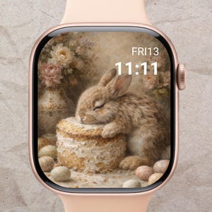 Peut inclure: Une montre connectée or rose affiche une image numérique d'un lapin endormi reposant sur un gâteau, entouré d'œufs de Pâques et de fleurs. L'heure est 11h11 le vendredi 13. La montre a un bracelet rose clair.
