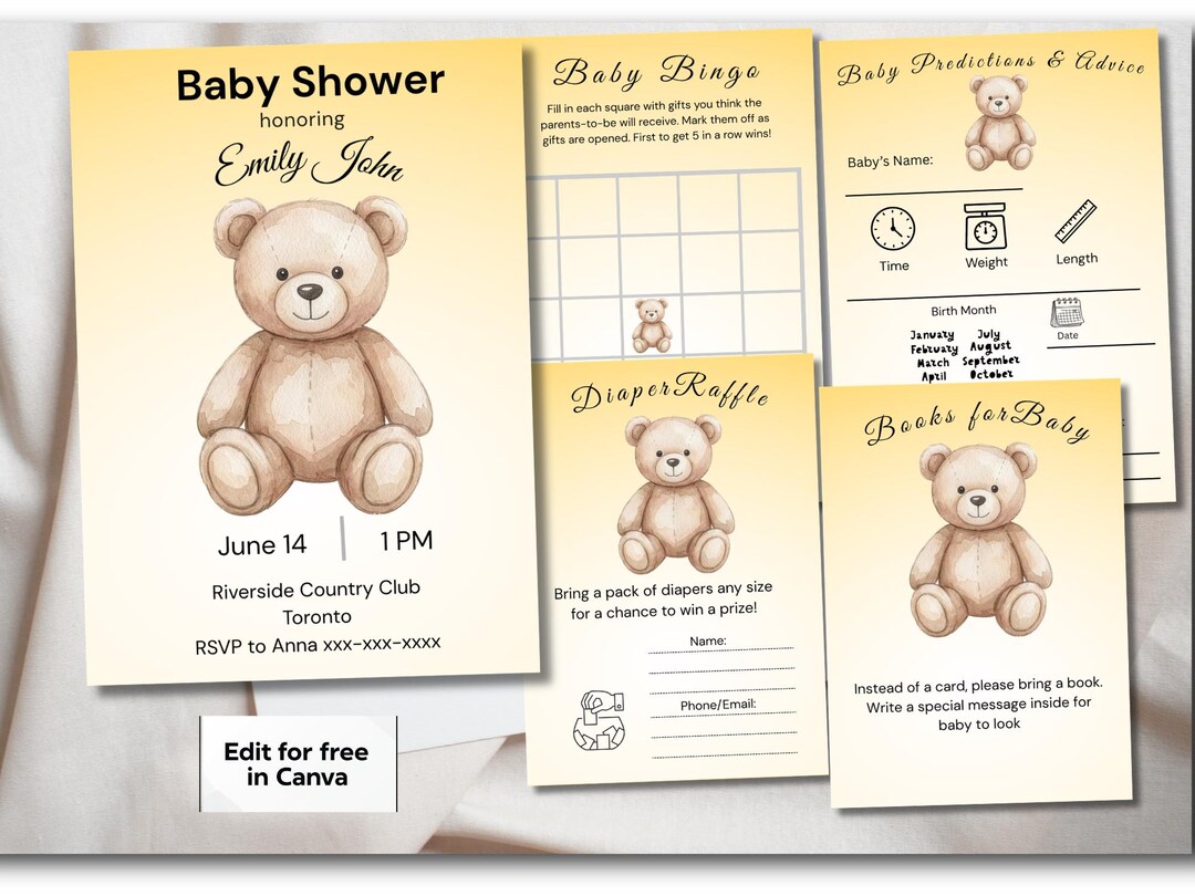 Teddy Bear Baby Shower Bundle Template Editable Canva Invitation Games ...