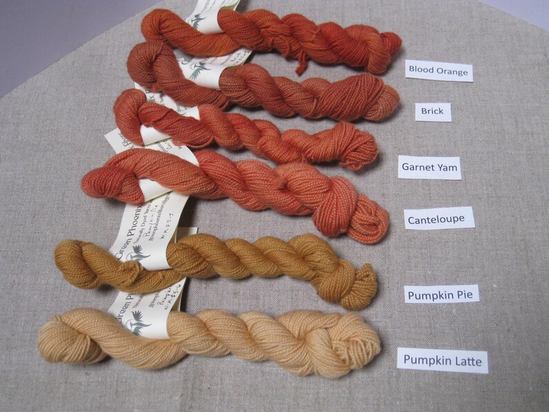 Puede incluir: Una colecci&oacute;n de seis madejas de hilo en varios tonos de naranja y beige. Los colores est&aacute;n etiquetados como "Blood Orange", "Brick", "Garnet Yam", "Cantaloupe", "Pumpkin Pie" y "Pumpkin Latte". Cada madeja est&aacute; torcida y tiene una etiqueta.