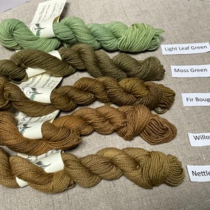 Puede incluir: Cinco madejas de hilo en varios tonos de verde y marr&oacute;n, incluyendo Verde Hoja Claro, Verde Musgo, Fir Bough, Willow y Verde Ortiga. Cada madeja est&aacute; etiquetada con su nombre de color. El hilo est&aacute; dispuesto sobre una superficie de color neutro.