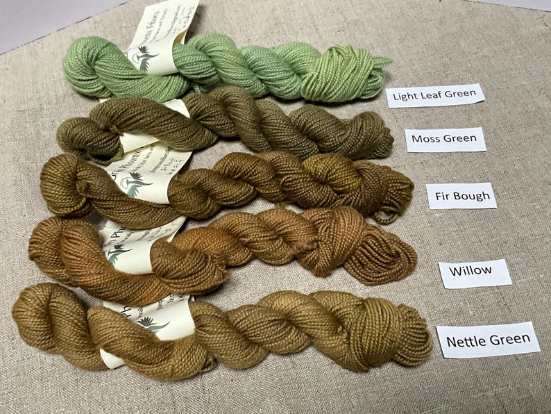 Puede incluir: Cinco madejas de hilo en varios tonos de verde y marr&oacute;n, incluyendo Verde Hoja Claro, Verde Musgo, Fir Bough, Willow y Verde Ortiga. Cada madeja est&aacute; etiquetada con su nombre de color. El hilo est&aacute; dispuesto sobre una superficie de color neutro.