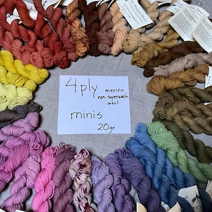Puede incluir: Una colecci&oacute;n de mini madejas de lana merino no superwash de 4 hebras, cada una con un peso de 20 gramos. Las madejas est&aacute;n dispuestas en un patr&oacute;n circular, mostrando una variedad de colores que incluyen rojos, amarillos, verdes, azules y morados. La imagen incluye una nota escrita a mano.