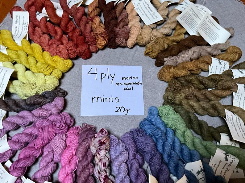 Puede incluir: Una colecci&oacute;n de mini madejas de lana merino no superwash de 4 hebras, cada una con un peso de 20 gramos. Las madejas est&aacute;n dispuestas en un patr&oacute;n circular, mostrando una variedad de colores que incluyen rojos, amarillos, verdes, azules y morados. La imagen incluye una nota escrita a mano.