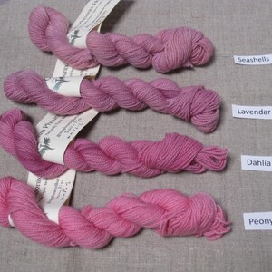 Puede incluir: Cuatro madejas de hilo rosa en diferentes tonos, etiquetadas como Seashells, Lavendar Pink, Dahlia Pink y Peony Pink. Cada madeja est&aacute; torcida y tiene una etiqueta. El hilo se muestra sobre una superficie neutra y texturizada.
